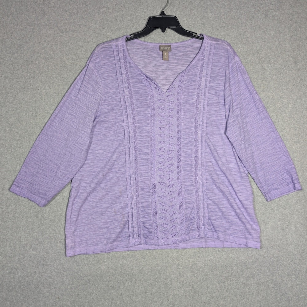 Chicos Blouse Womens 4 Lavender Slub Knit Cotton Boho Relaxed Fit Casual XXL